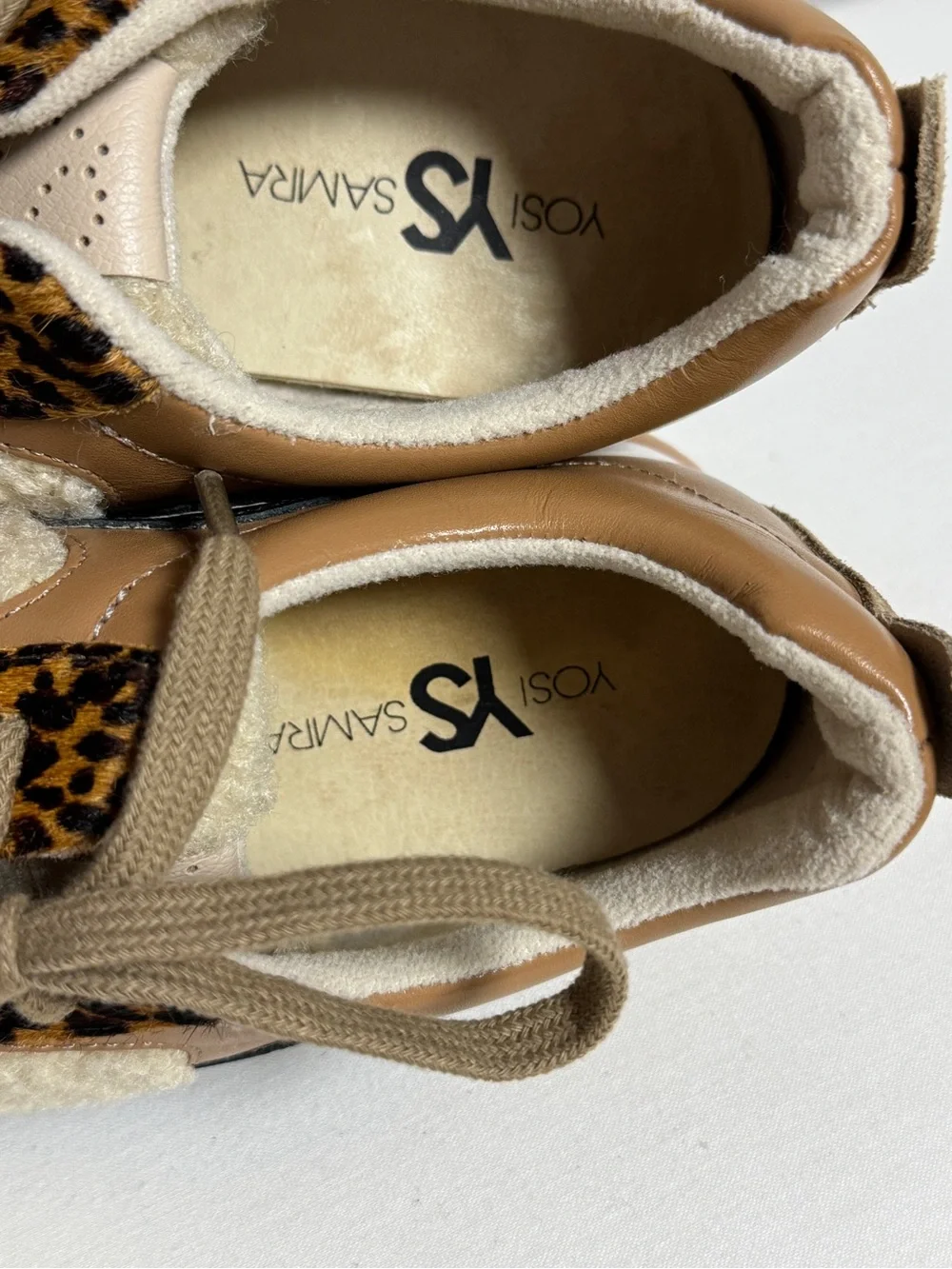 Yosi Samra Paige Tan Leather Sherpa Leopard Mix Crossover Sneakers